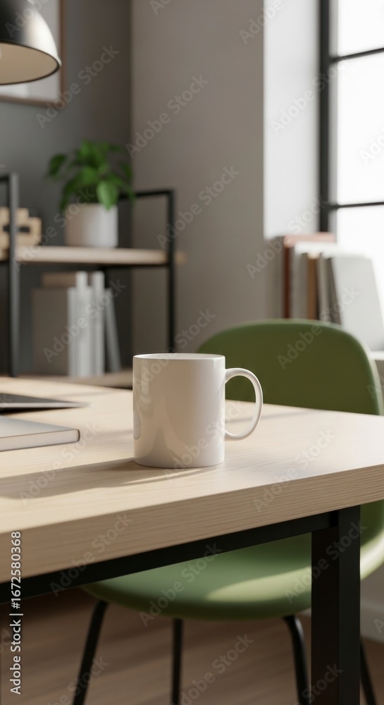 Obraz premium A light beige wooden desk, featuring a plain white mug, sits in a modern, minimalist workspace.