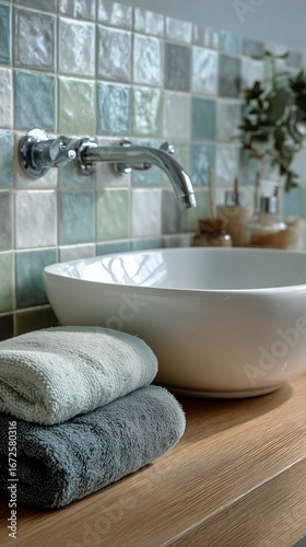 Elegant Bathroom Sink With Colorful Tile Backsplash and Natural Decor Elements.