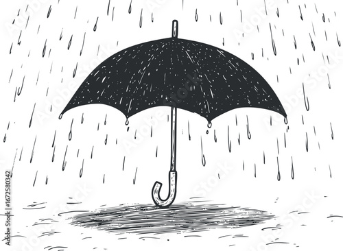 Black umbrella providing shelter from rain with raindrops falling and casting shadow on ground