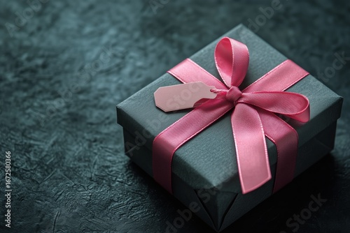 Elegant Gift Box Wrapped in Pink Ribbon on a Textured Dark Surface