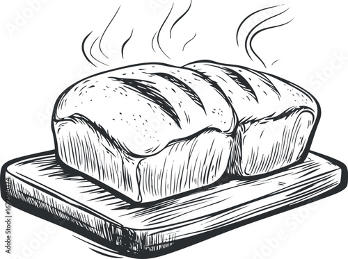 Hand drawn sketch of a freshly baked steaming bread loaf on a wooden cutting board