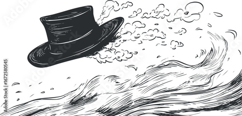 Black and white illustration of a top hat with smoke and wind swirling around a wave