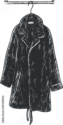Black and white sketch of a coat hanging on a hanger on a rack, outerwear fashion illustration