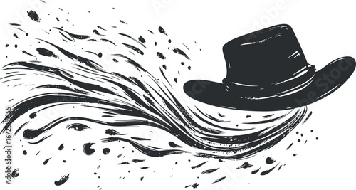 Black cowboy hat illustration with artistic paint splatter and brushstroke design