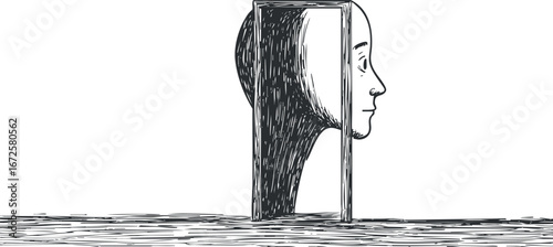 Black and white illustration of a human face profile inside a doorway with shadow silhouette on a white background symbolizing identity and perception.