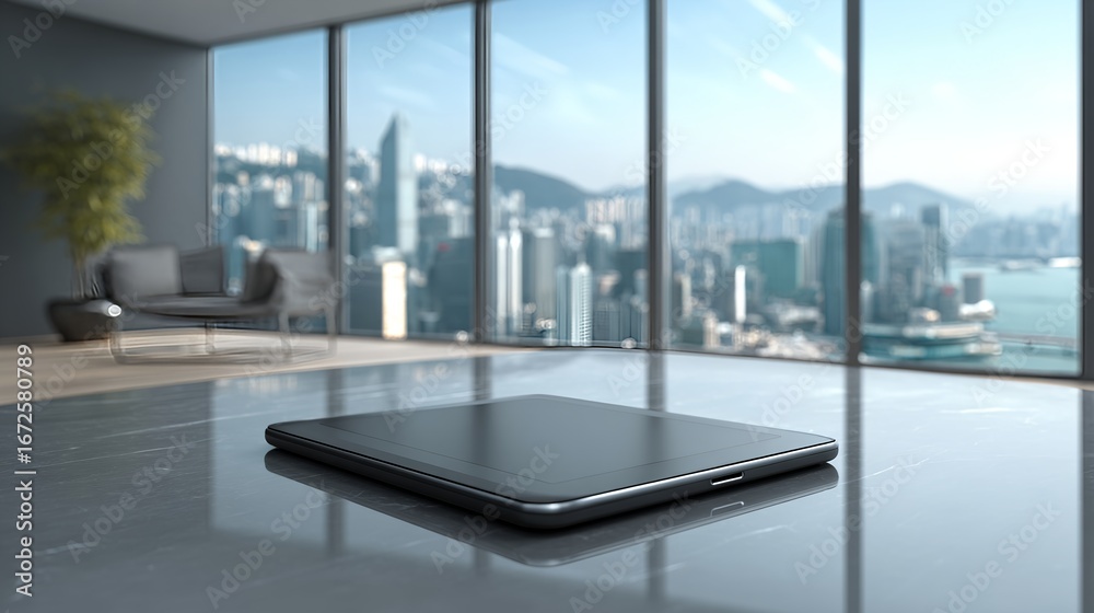 Fototapeta premium Sleek Silver Tablet Computer with Luminous Display on Black – Immersive Digital Wellness Visual for AI-Driven Tech Branding