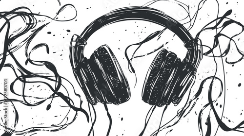 Black and white sketch illustration of headphones with tangled wires representing music and audio equipment