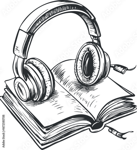 Black and white illustration of headphones resting on an open book representing audio learning and entertainment