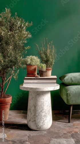 Elegant Marble Table With Potted Plants Against Green Wall in Modern Living S...