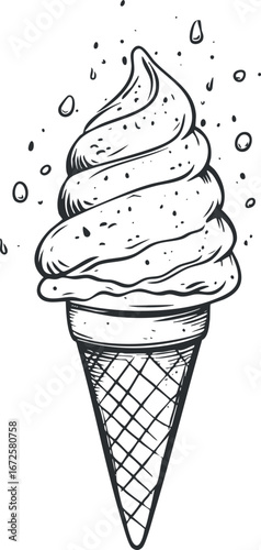 Hand drawn black and white illustration of a soft serve ice cream cone with sprinkles on a white background