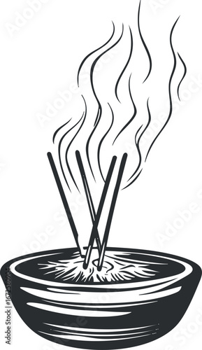 Black and white illustration of incense sticks burning in a bowl releasing scented smoke for relaxation and meditation