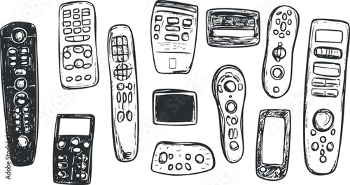 Hand-drawn black and white sketch illustration of various remote controllers for electronic devices