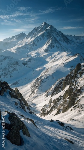 Beautiful Snowy Mountain Landscape Under a Clear Blue Sky With Clouds Hoverin...