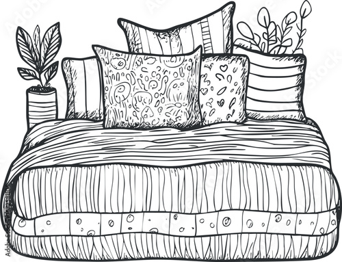 Hand-drawn black and white illustration of a cozy bed with multiple pillows, blanket, and plants for home decor.