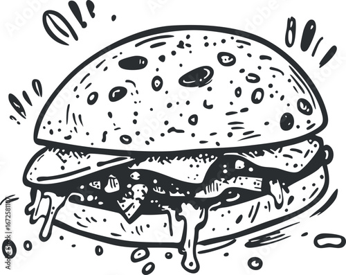 Black and white hand drawn illustration of a cheeseburger with dripping cheese on bun