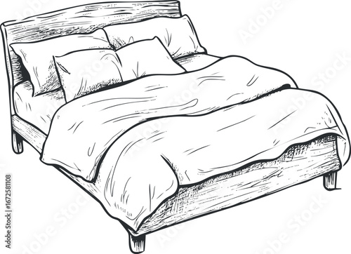 Hand-drawn sketch of a cozy bed with pillows and blanket in a wooden frame for bedroom furniture