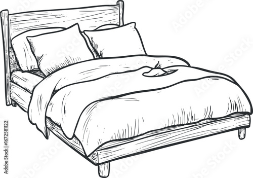 Black and white sketch of a cozy wooden bed with pillows and a blanket for bedroom comfort