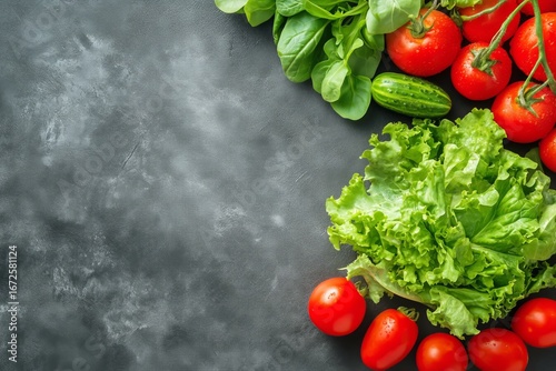 Fresh Vegetables Including Tomatoes and Lettuce on a Dark Surface Ready for P...