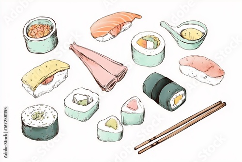 Simple illustration of Asian food items, sushi rolls and chopsticks, minimal details, isolated on white background. Concept of Japanese cuisine, dining, and food culture.