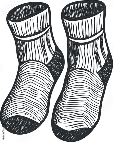 Hand drawn black and white illustration of a pair of striped socks isolated on white background