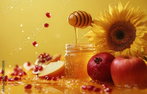 Fresh Honey Drizzles Over Apples and Pomegranate Seeds Near a Sunflower Backdrop