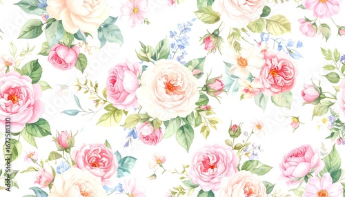 Delicate floral arrangement with pastel roses and verdant foliage on a bright backdrop creating an