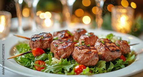 Grilled Meat Skewers Served on a Bed of Fresh Salad in a Cozy Dining Atmosphere.