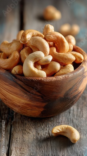 Cashew Nuts in a Wooden Bowl on a Rustic Table With a Warm Atmosphere and Inv...