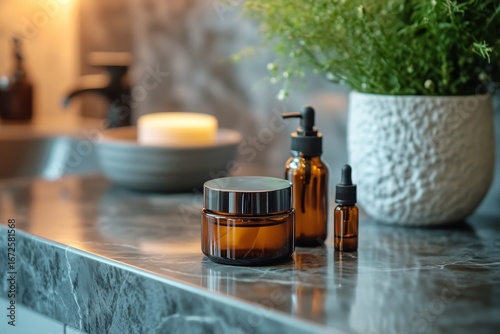 Natural Skincare Products on Elegant Marble Countertop in Serene Bathroom Set...