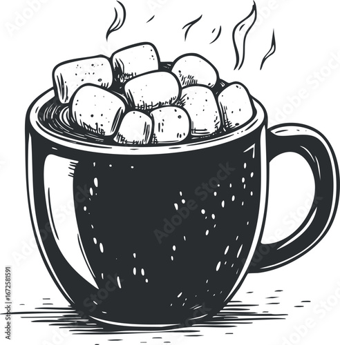 Hand drawn illustration of a steaming cup of hot chocolate topped with marshmallows in black and white
