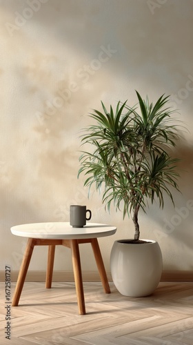 Cozy Indoor Setting With a Plant, Table, and Mug in Natural Light
