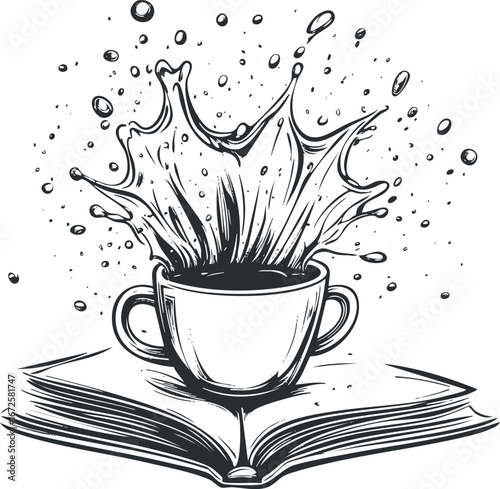 Black and white sketch of a coffee cup with liquid splash placed on an open book, artistic and dynamic.