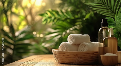 Spa Setting With Towels and Natural Products for Relaxation in a Serene Envir...