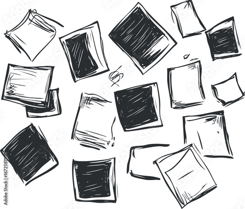 Hand drawn scattered papers and documents in black and white sketch style representing notes and paperwork