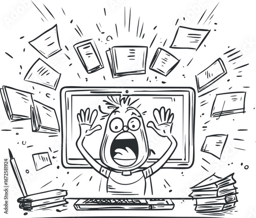 Black and white cartoon illustration of a frustrated person overwhelmed with flying papers and books at computer desk
