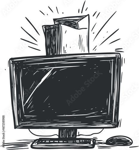 Black and white sketch illustration of a desktop computer monitor with keyboard and mouse on a white background