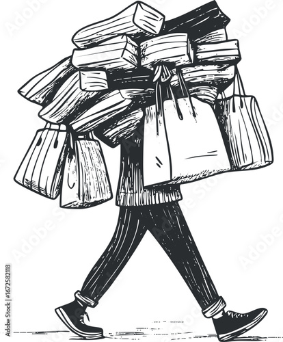 Black and white illustration of a person carrying a heavy stack of firewood and bags while walking