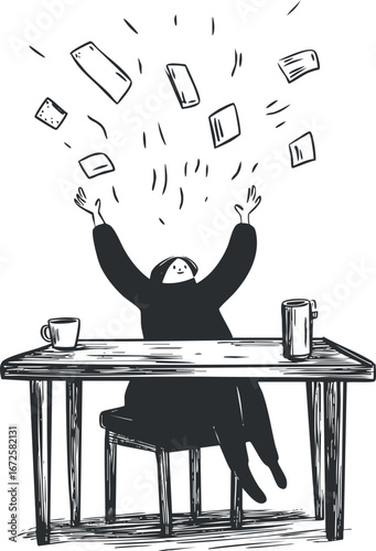 Black and white illustration of a happy woman sitting at a desk throwing papers in the air celebrating