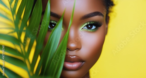 Beautiful Woman With Vibrant Green Eyeshadow Holding Palm Leaves Against a Ye...