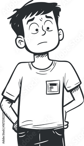 Black and white cartoon illustration of a young boy in a t-shirt looking sideways with a curious expression
