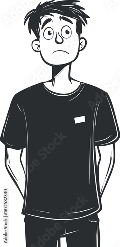 Black and white cartoon illustration of a young man wearing a t shirt looking confused and thoughtful
