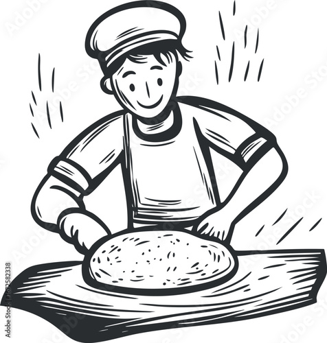 Black and white illustration of a baker wearing a chef hat and gloves preparing bread dough on a wooden table.