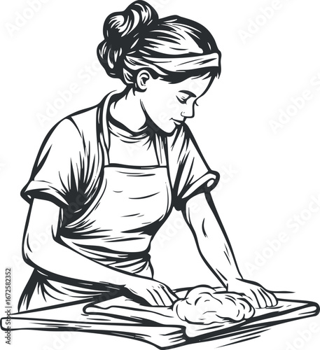 Black and white illustration of a woman baker kneading dough on a wooden board preparing bread or pastry