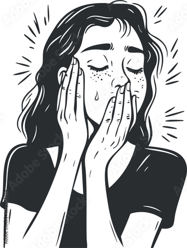 Black and white illustration of a woman crying with hands on her face showing sadness and emotional distress