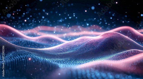 Stunning Digital Landscape With Flowing Waves Illuminated by Vibrant Pink and...