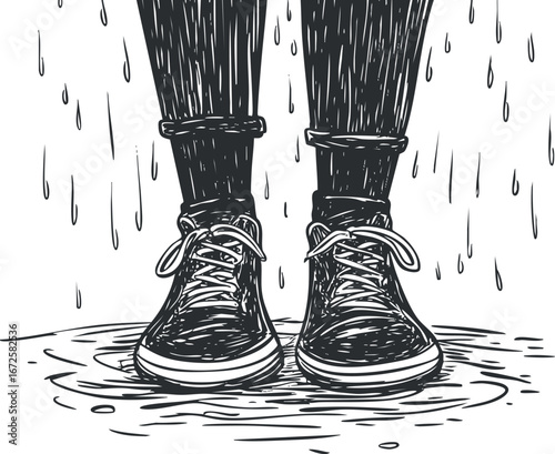 Black and white illustration of feet wearing sneakers standing in a puddle while rain falls around them