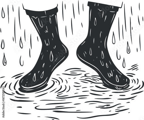 Black and white illustration of feet wearing rain boots splashing in a puddle during rainfall
