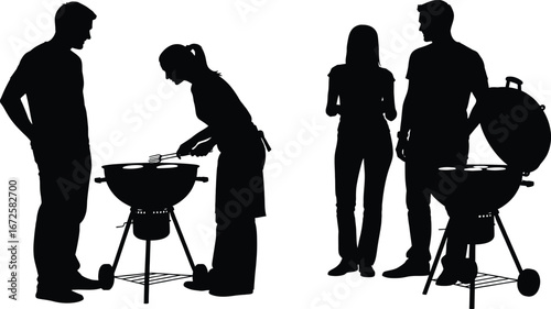 Silhouettes of people gathered around barbecues on a white background grill cooking
