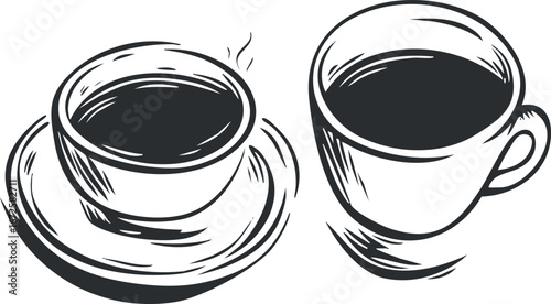 Black and white hand-drawn illustration of two cups of hot coffee, one with saucer and steam