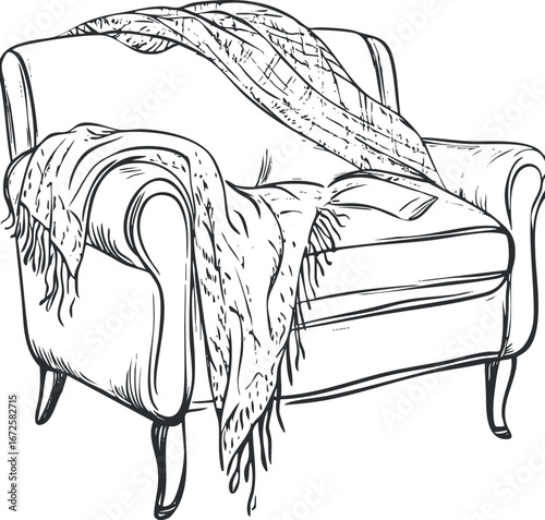 Hand drawn black and white illustration of a cozy upholstered armchair with a throw blanket draped over it